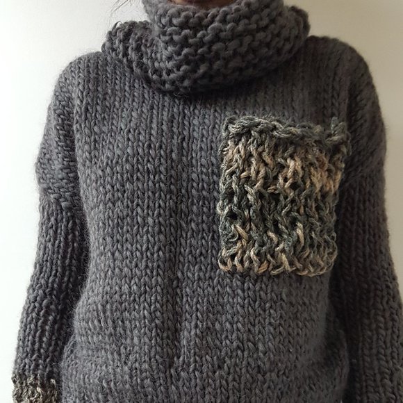 Wool winter set, Army Green , sweater and matching hat, hand knitted, 100% wool - Picture 5 of 14